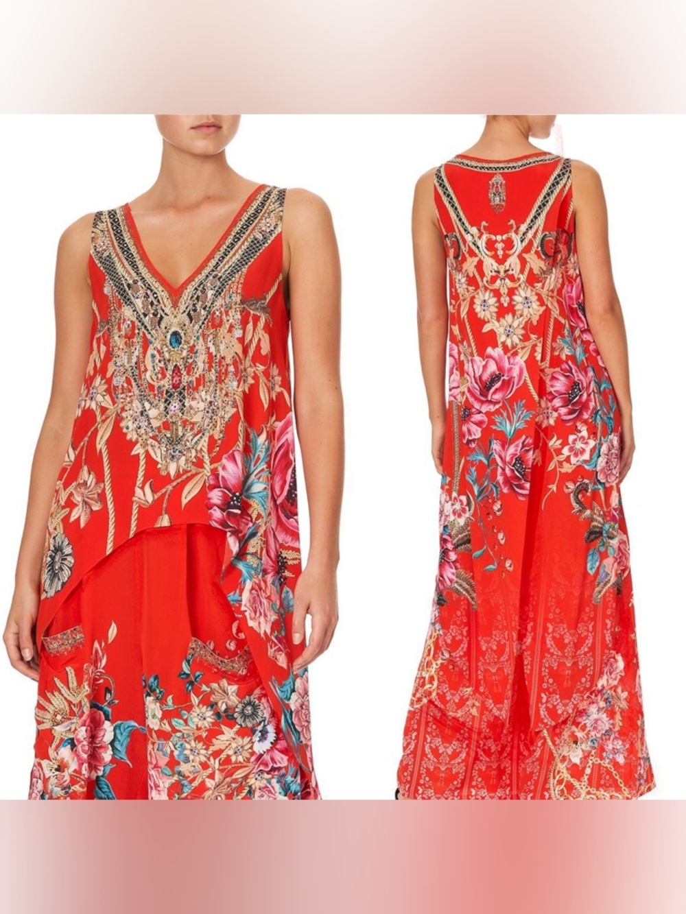 Camilla XL Multicolor Silk And The Queen Wore Red High Low Cross Overlay Top